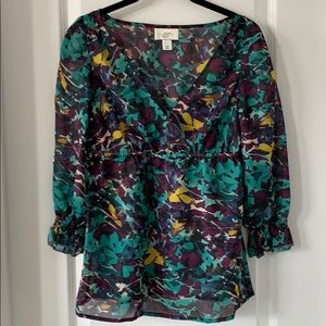 LOFT V-Neck Watercolor Print Empire Waist 3/4 Sleeves Polyester Blouse Size XXS
